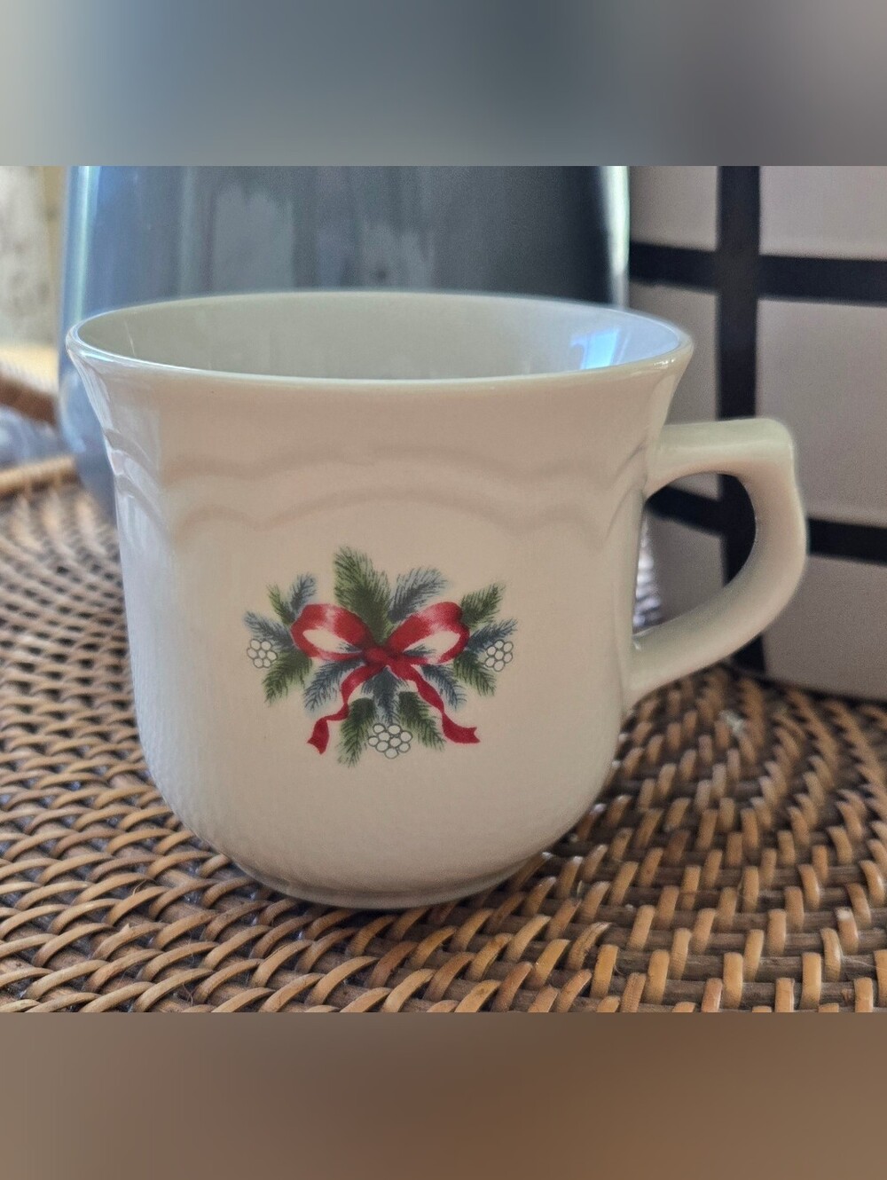 Vintage Pfaltzgraff White Mug with Red Ribbon and Green Pine Sprigs